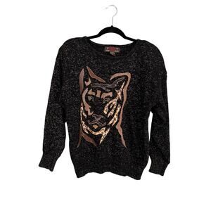 Vintage 80s Jordache Studio Sweater Womens M Black Cozy Metallic Dog Patch Art